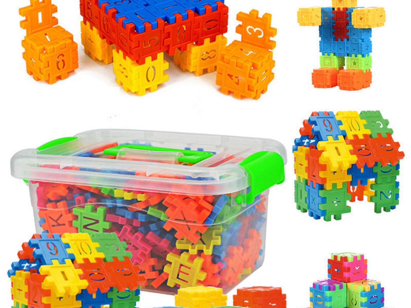 Chunky interlocking building blocks with their clear storage box