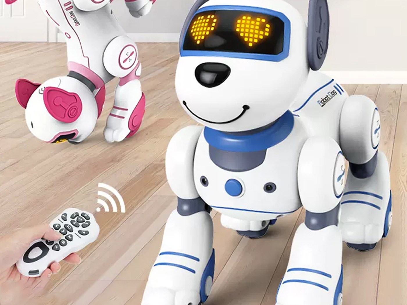 The robot dog in both colours, with its remote