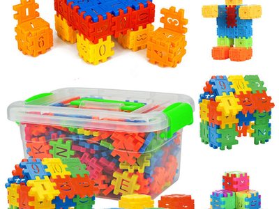 Chunky interlocking building blocks with their clear storage box
