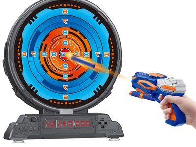 The target with the gun, a dart in mid-air